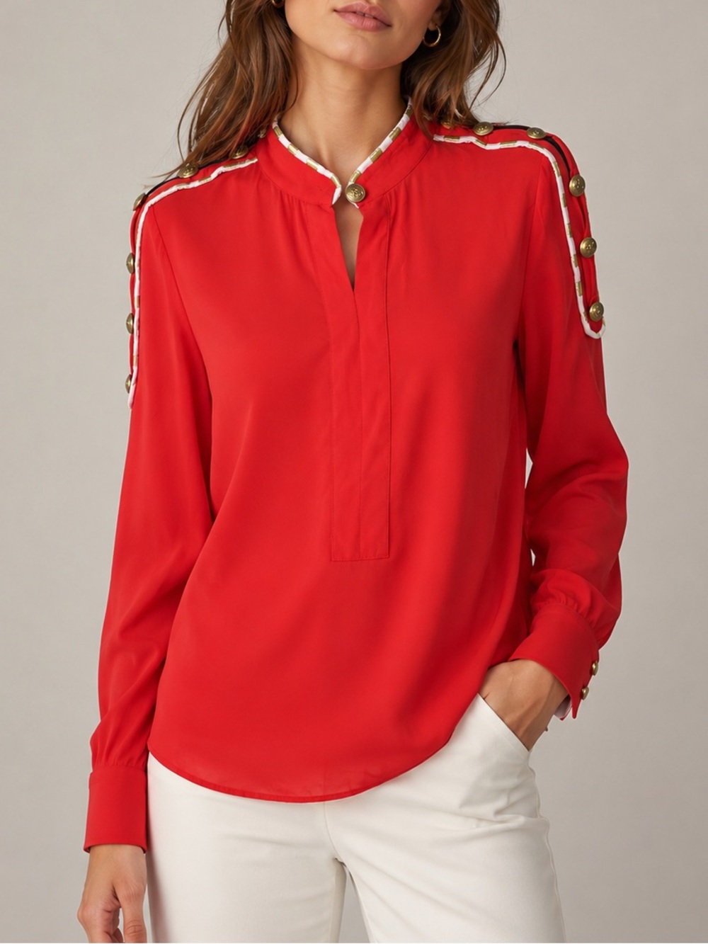 Balmain Long-Sleeve Military Blouse Size 36 Red Orange Gold Buttons 100% Silk
